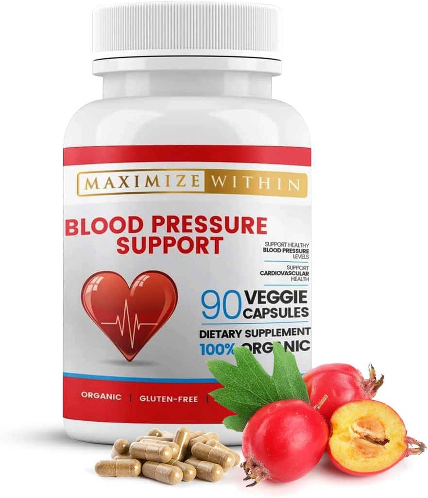 Premium Blood Pressure Support Supplements with Hawthorn, Hibiscus, Olive Leaf, Green Tea, Garlic, & Organic Herbs. for a Healthy Lifestyle-90 Capsules