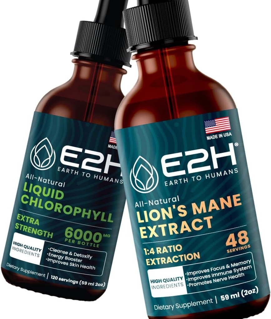 E2H: Liquid Chlorophyll and Lion's Mane Mushroom | Vegan, Non-GMO - 2 Fl Oz Each (4 Fl Oz Total) - Bundle