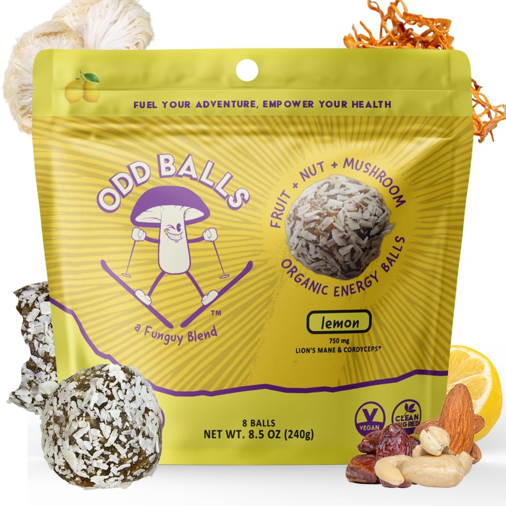 ODD BALLS Organic Energy Balls Lemon - Superfood Mushroom Snack - Running, Cycling, Hiking - Gels, Bars Alternative - Lion's Mane Focus, Cordyceps Energy - Vegan, Gluten Free Snacks for Kids & Adults