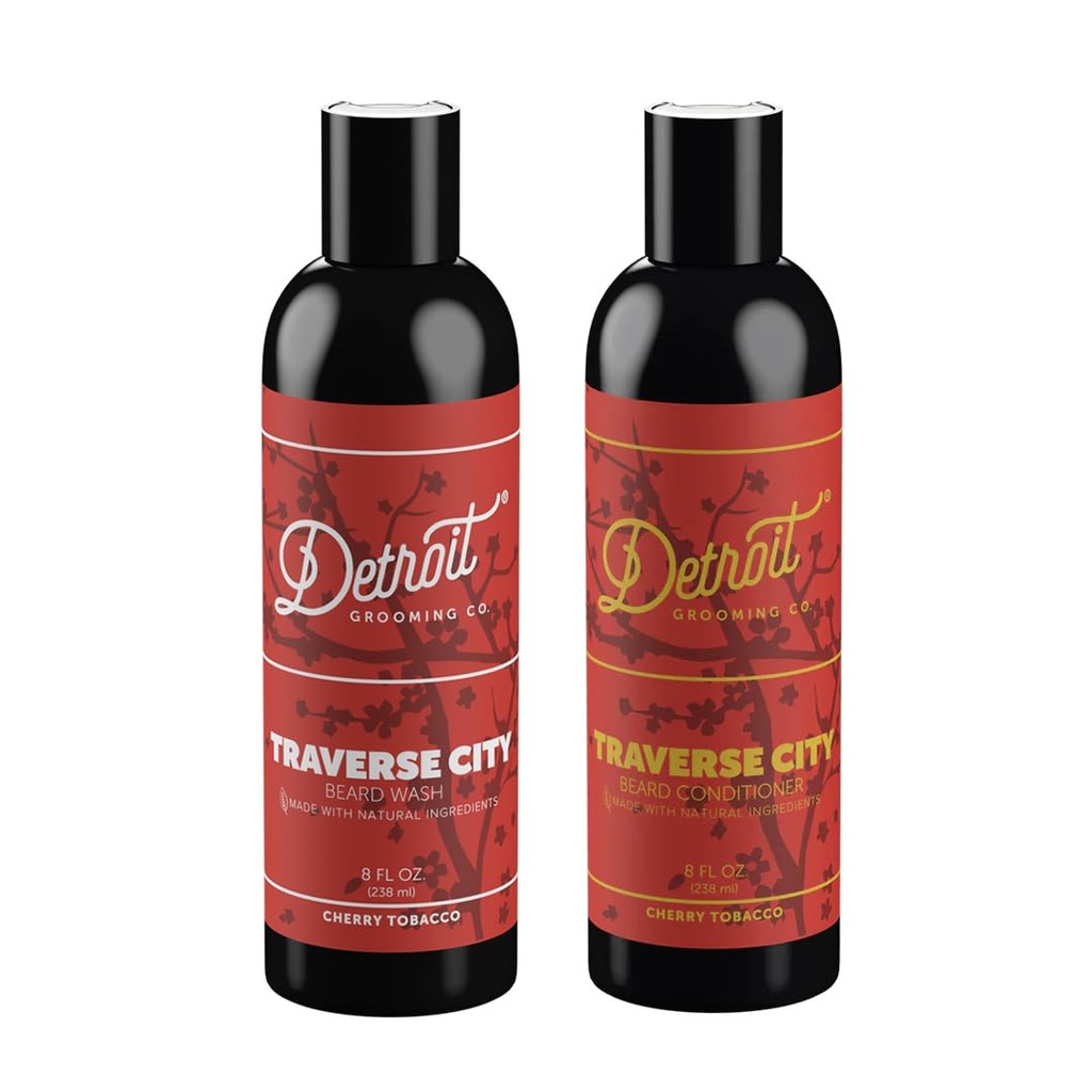 Detroit. Grooming Co. Beard Wash and Beard Conditioner - Men's Kit - Softens,Strengthens,Moisturize - Biotin-Infused w/Argan Oil, Apple Extract, Aloe Vera - Cherry Tobacco Scent - Traverse City - 8oz