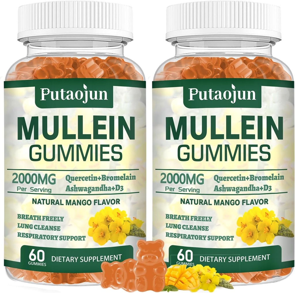 Mullein Gummies for Lungs | 2000mg Mullein Leaf Extract for Respiratory & Immune Support | Pure Vegetarian Mullein Gummies Herbal | Soft and Non Sticky | Mango Flavor | 2 Pack