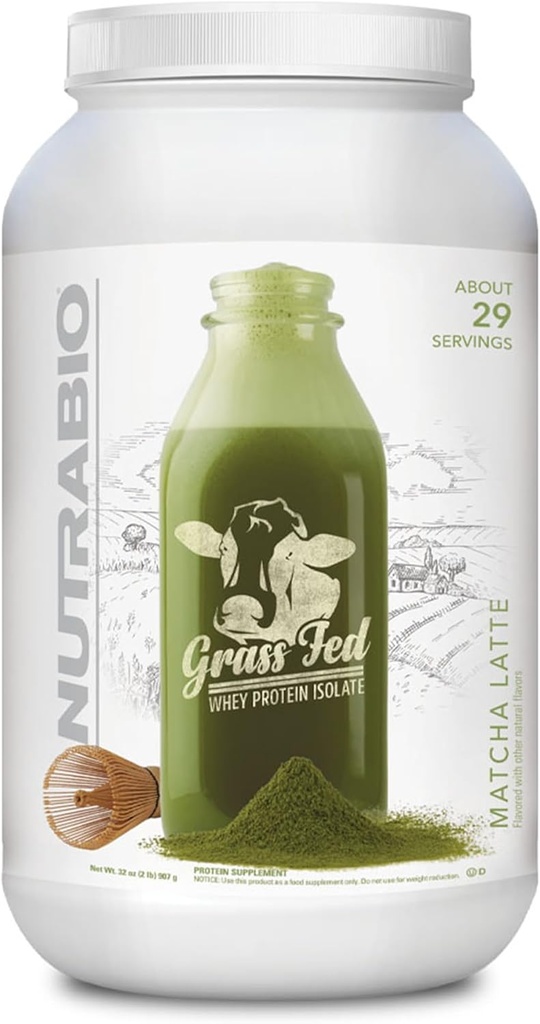 NutraBio Grass Fed Whey Isolate Protein Powder - 25G of Protein Per Scoop - Sugar Free Natural Lean Muscle Protein Supplement - Matcha Latte - 2 Pounds, 29 Servings