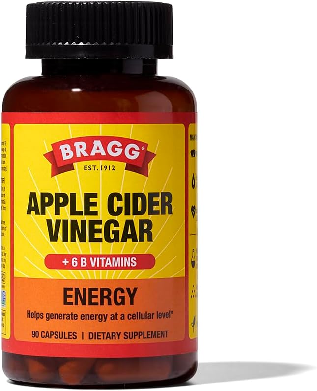 Bragg Energy Apple Cider Vinegar Capsules with B-12 Vitamins - 90 Capsules - Weight Management - Non-GMO, Vegan, Gluten Free, No Sugar - Helps Generate Energy at Cellular Level for Men and Women