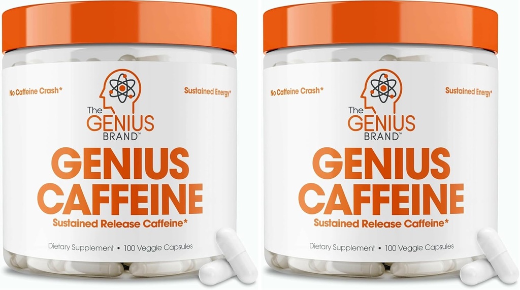 Genius Caffeine Pills 100mg, Extended-Release Microencapsulated Caffeine Pills - All-Natural Non-Crash Sustained Energy, Focus & Concentration Supplement - Nootropic Brain Booster - 100 Capsules