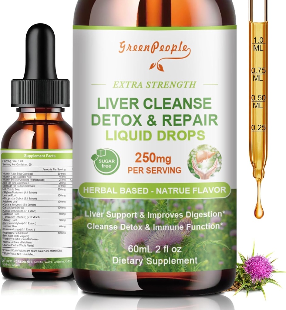 GREENPEOPLE Liver Cleanse Detox & Repair Drops - Liver Supplement w/Milk Thistle Silymarin, Artichoke & Dandelion for Liver Detox & Support- 16x Potent Herb-Nutrients - 2Fl Oz Natural Flavor