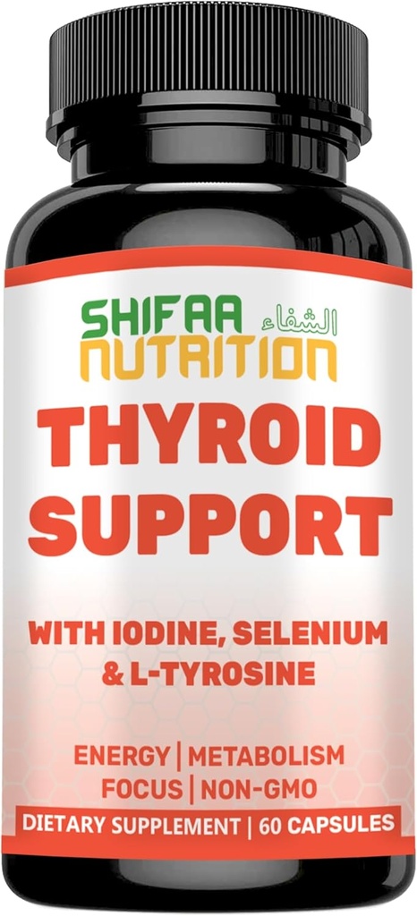 SHIFAA NUTRITION Halal Thyroid Support 30 Servings | Non-GMO Relief Supplement w/ B12, Iodine, Selenium, L-Tyrosine | Supports Energy, Metabolism, Focus, Clarity, Cortisol Balance
