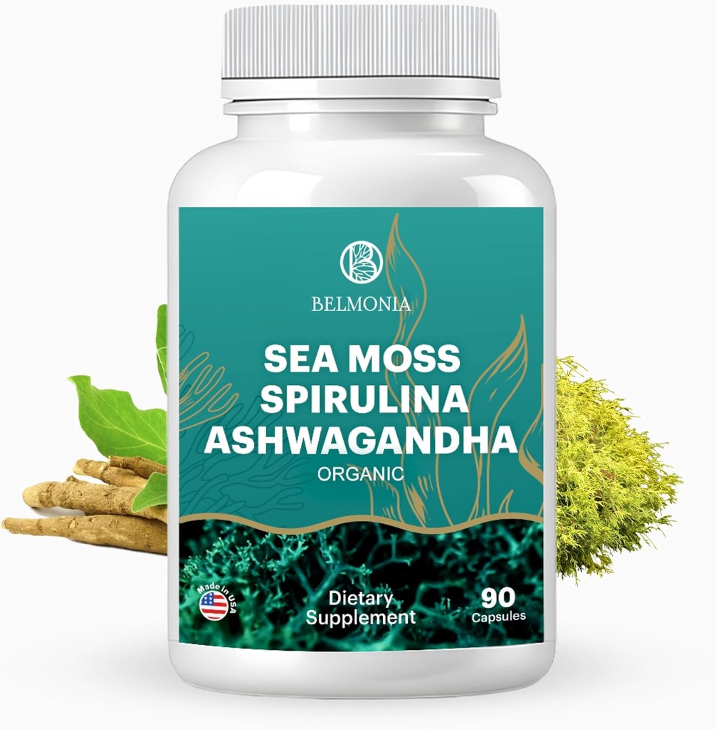 Sea Moss with Spirulina and Ashwagandha Blend Capsules, Mood, Immune Support & Stress Relief, Micro Ingredients & Antioxidants Source — Non-GMO, Vegan Superfood Supplement, 90 Count