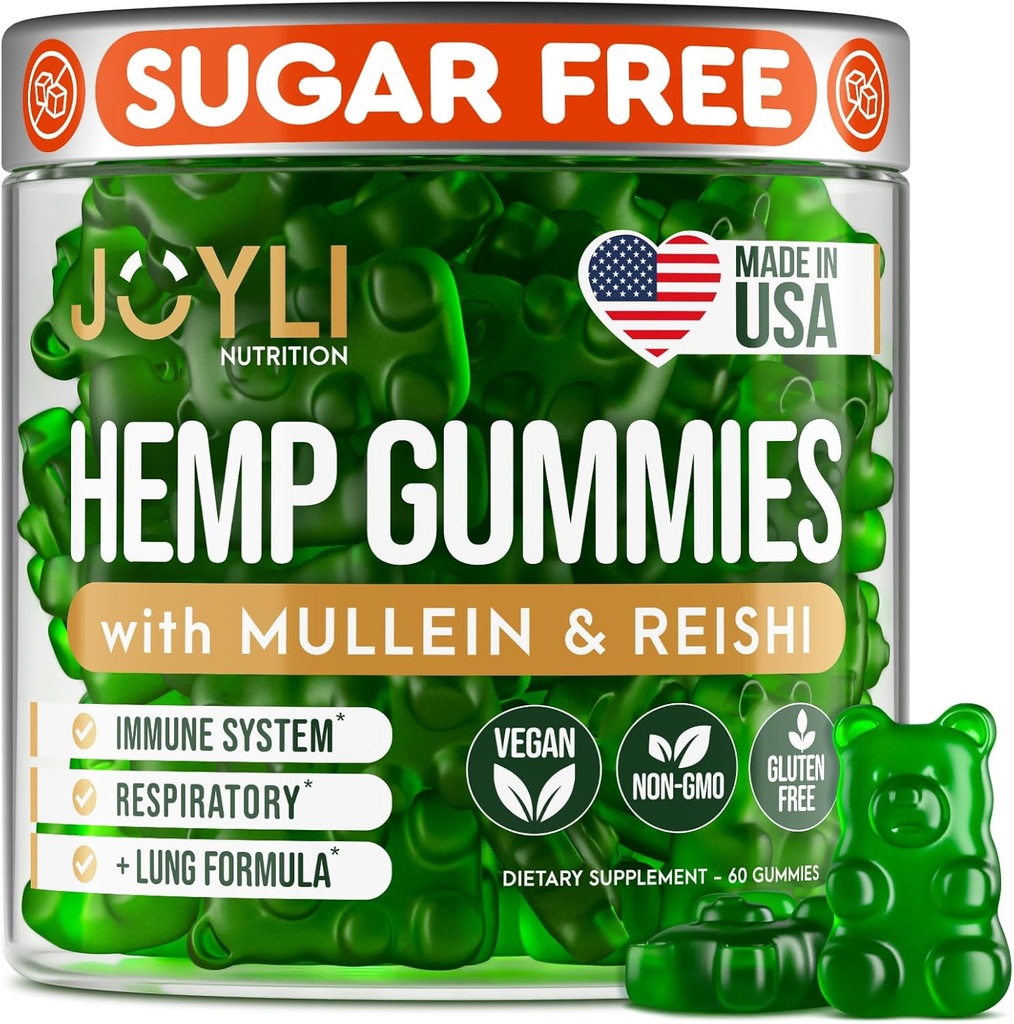 JOYLI Hemp Gummies - Natural Lung Cleanse with Mullein Leaf & Reishi Mushroom - Extra Strength Clean Lung Support Supplement with Vitamins A, C, D & E - Sugar-Free, Vegan, Non-GMO - 60 Edibles