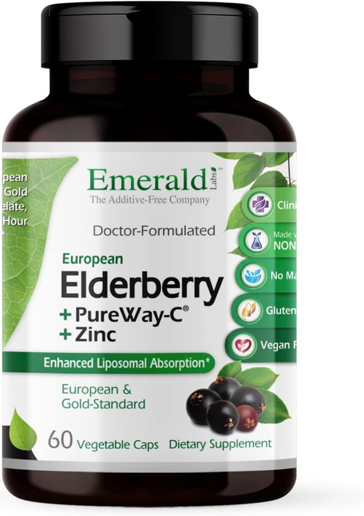 EMERALD LABS Elderberry Plus - Digestive & Immune Support with European Elderberry Extract, Vitamin C as PureWay-C & Albion Chelated Zinc - Vegan & Gluten-Free - 60 Vegetable Capsules (30-Day Supply)
