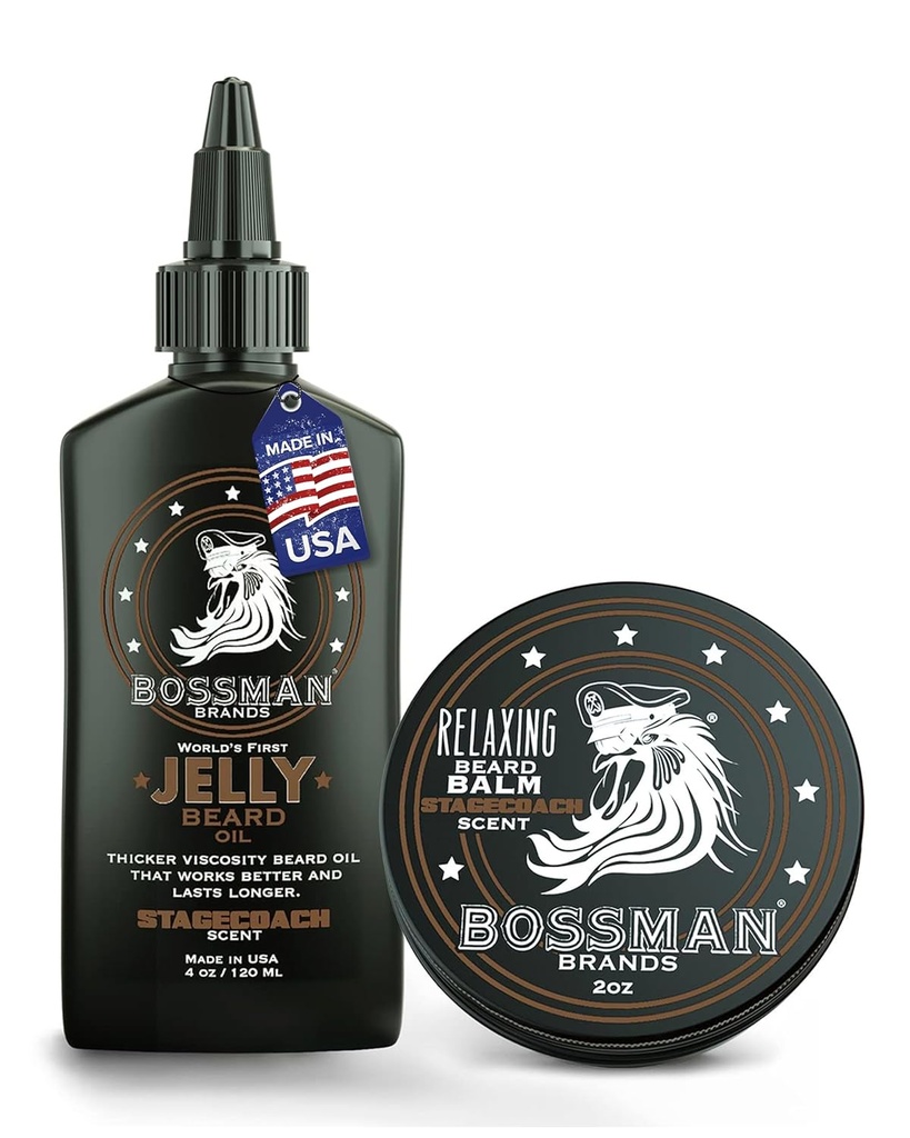 Bossman Jelly Beard Oil for Men & Beard Balm for Men Combo - Softens, Tames Moisturizes & Conditions - Stagecoach Scent - Natural Ingredients & Made in USA