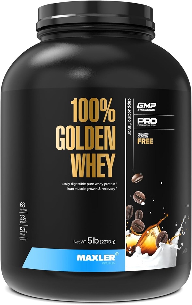 Maxler 100% Golden Whey Protein - 23g of Protein per Serving - Premium Whey Protein Powder for Pre Post Workout - Fast-Absorbing Whey Concentrate, Isolate & Hydrolysate Blend - Cappuccino 5 lb