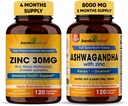 Sandhu Herbals Zinc 30mg Supplement and Organic 4 in 1 Ashwagandha Capsules with Zinc| Supports Healthy Skin, Immune System| Non-GMO
