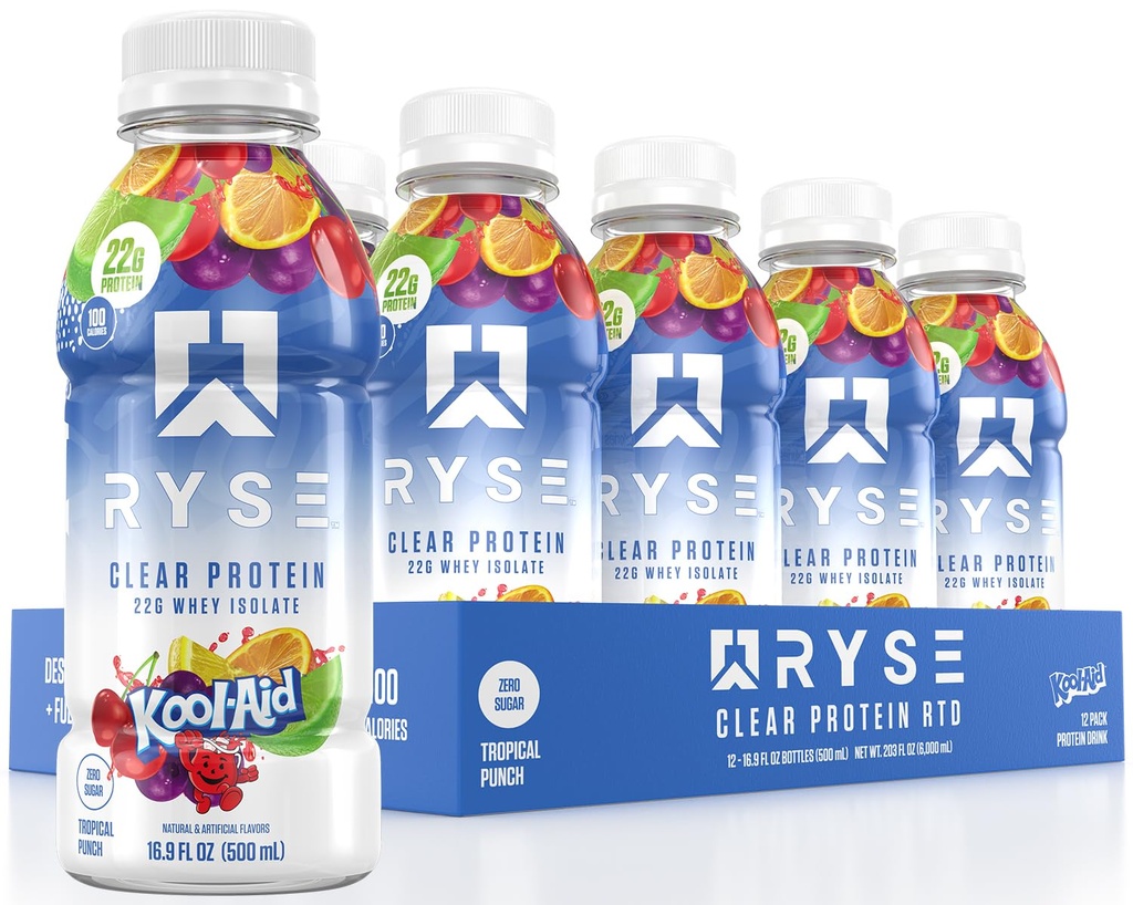 RYSE Clear Protein Drink - Kool-Aid Tropical Punch - 100 Calories, 22g Whey Isolate Protein Shake, Sugar-Free, 0g Fat & Lactose-Free - Refreshing Ready-to-Drink Beverage - 16.9 fl oz Bottles (12-Pack)