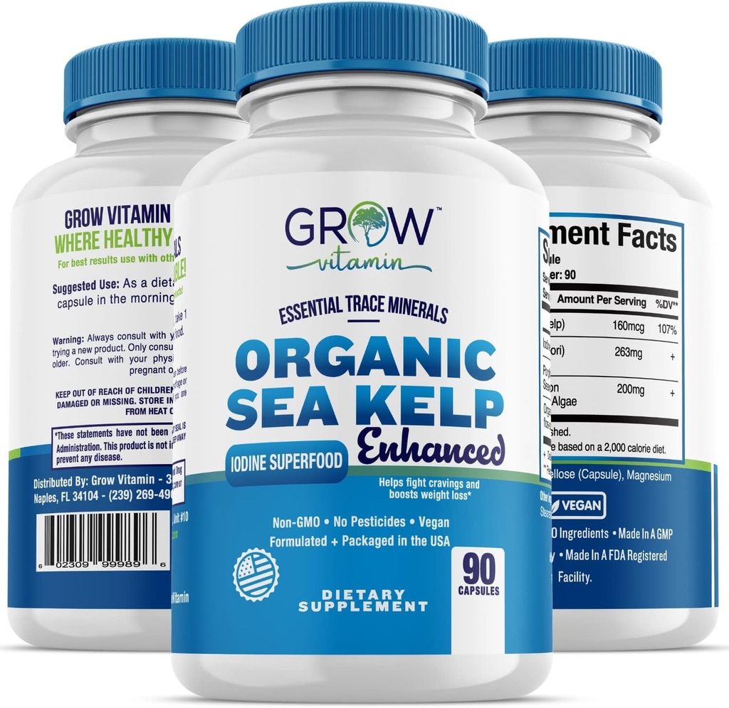 Organic Sea Kelp (Icelandic) Enhanced - Pure Healthy Thyroid Support Natural Iodine Supplement w/Organic Sea Kelp, Blue-Green Algae & Red Algae - Immune System & Metabolism Support - 90 Capsules