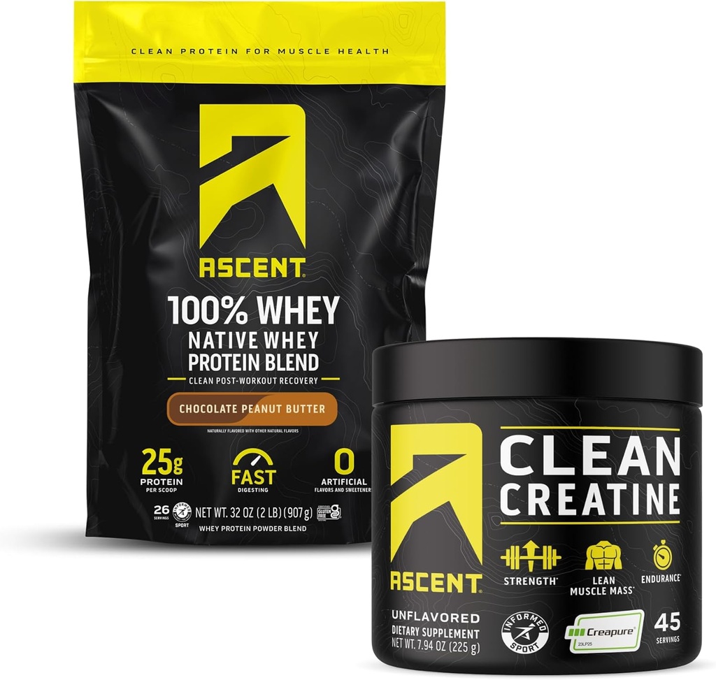Ascent 100% Whey Protein Powder, Chocolate Peanut Butter 2 lb & Creatine Monohydrate Powder, Unflavored 45 Servings