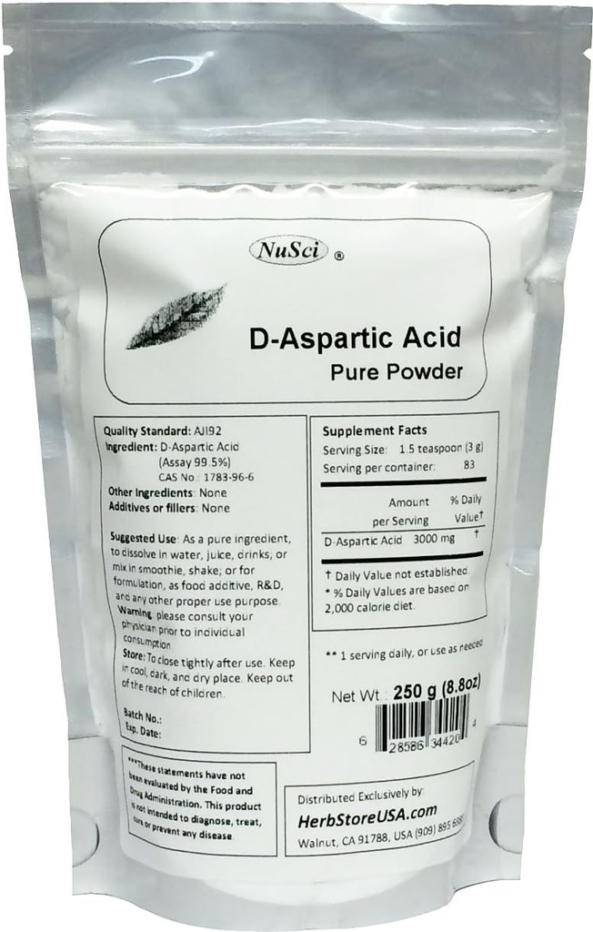 Pure D-Aspartic Acid (DAA) Powder AJI Quality Standard (250 Grams (8.8 oz))