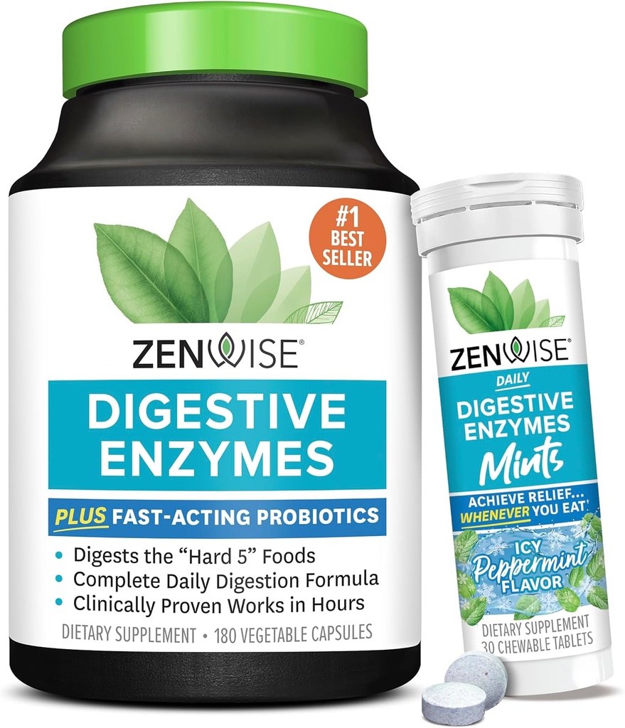 Zenwise Health Digestive Enzymes and Peppermint Chewable – Digestive Enzymes, Probiotic Multi Enzymes with Probiotics for Women and Men in Capsules and Convenient Chewable Peppermint