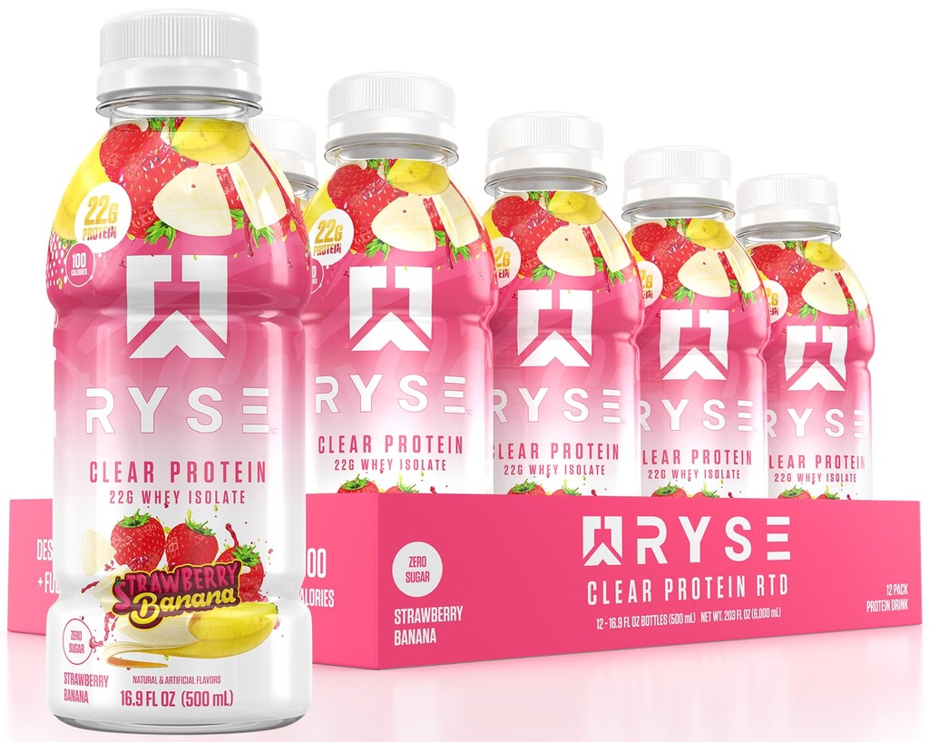 RYSE Clear Protein Drink - Strawberry Banana - 100 Calories, 22g Whey Isolate Protein Shake, Sugar-Free, 0g Fat & Lactose-Free - Refreshing Ready-to-Drink Beverage - 16.9 fl oz Bottles (12-Pack)