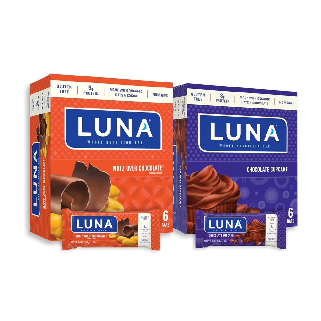 LUNA Bar - Variety Pack - Nutz Over Chocolate and Chocolate Cupcake Flavor - Snack Bars - Non-GMO - Gluten-Free Protein Bars - Made with Organic Oats (12 Pack, 2 Boxes)