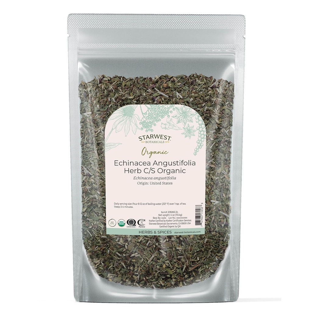 Starwest Botanicals Dried Echinacea Angustifolia Organic - Loose Leaf Herb for Tea, Tinctures, &amp; Natural Herbal Blends, Cut &amp; Sifted, Certified Kosher, Non-GMO - 4 oz Pouch