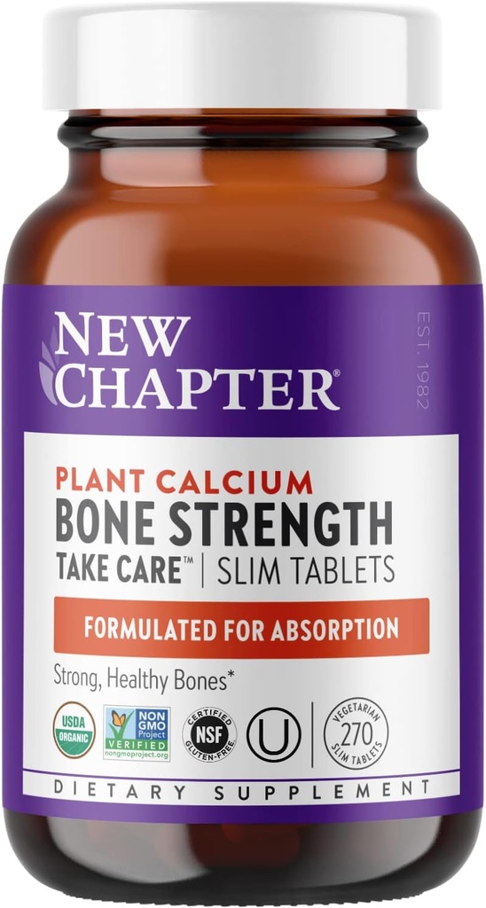 New Chapter Calcium Supplement - Bone Strength Organic Calcium with Magnesium, Vitamin D3+K2, 70+ Trace Minerals for Bone Health, Gluten Free, Easy to Swallow Slim Tablets - 270 Count