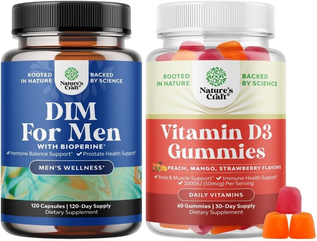 Bundle of Advanced Diindolylmethane DIM Supplement for Men and Vitamin D3 Gummies for Daily Wellness for Bone Muscle & Immune Support