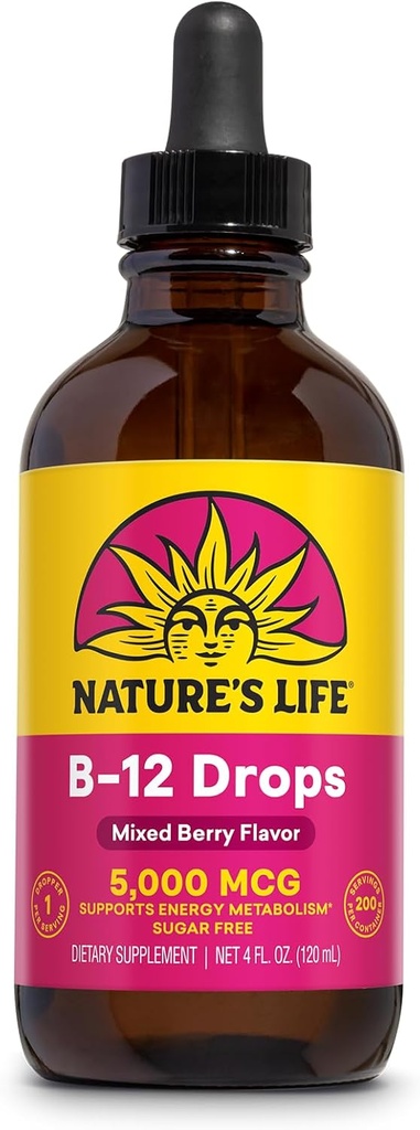 Nature's Life B12 Drops 5000 mcg - Vitamin B12 Methylcobalamin - Liquid B12 Supplement for Energy Metabolism, Nerve Function and Red Blood Cell Support Natural Mixed Berry, Sugar Free (200 Serv, 4oz)