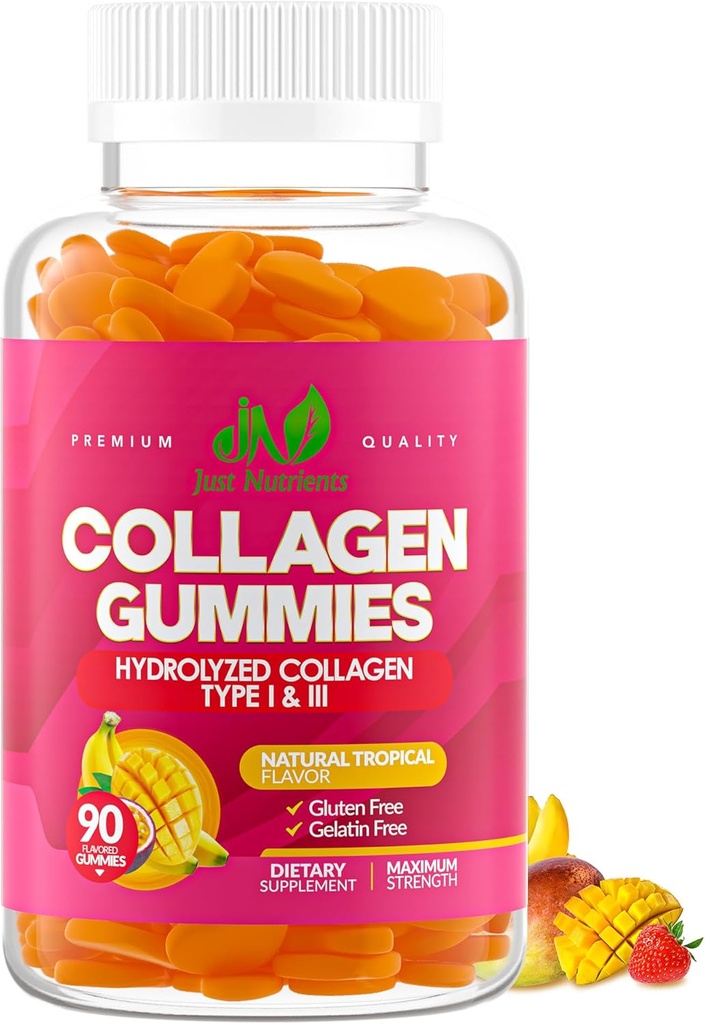 Collagen Gummies for Women & Men (90 Count) - Premium Hydrolyzed Collagen Type I & III for Hair, Skin & Nails Support - Great Tasting Tropical Flavor, Gluten-Free, Non-GMO - 90 Gummies (45 Servings)