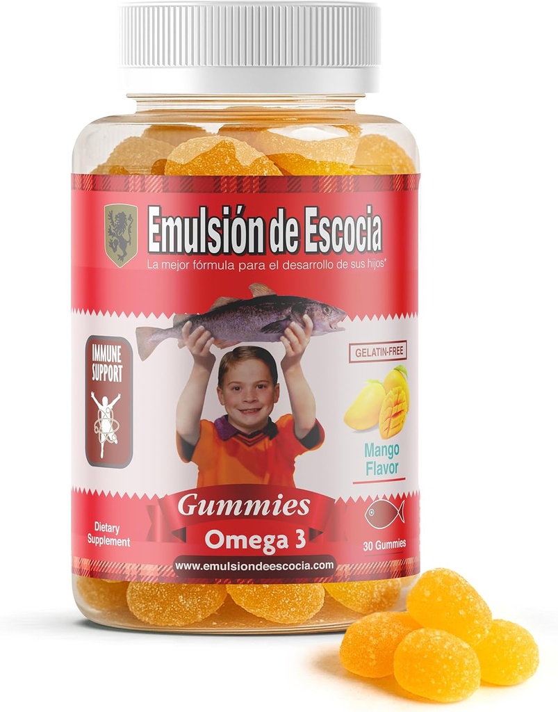 Emulsión de Escocia Omega 3 Gummies for Kids – with Vitamins A, D3, Folic Acid + Zinc, Iron & Calcium – Mango Flavor with No Fishy Aftertaste – Immune & Liver Support – 30 Gummies | 1-Pack