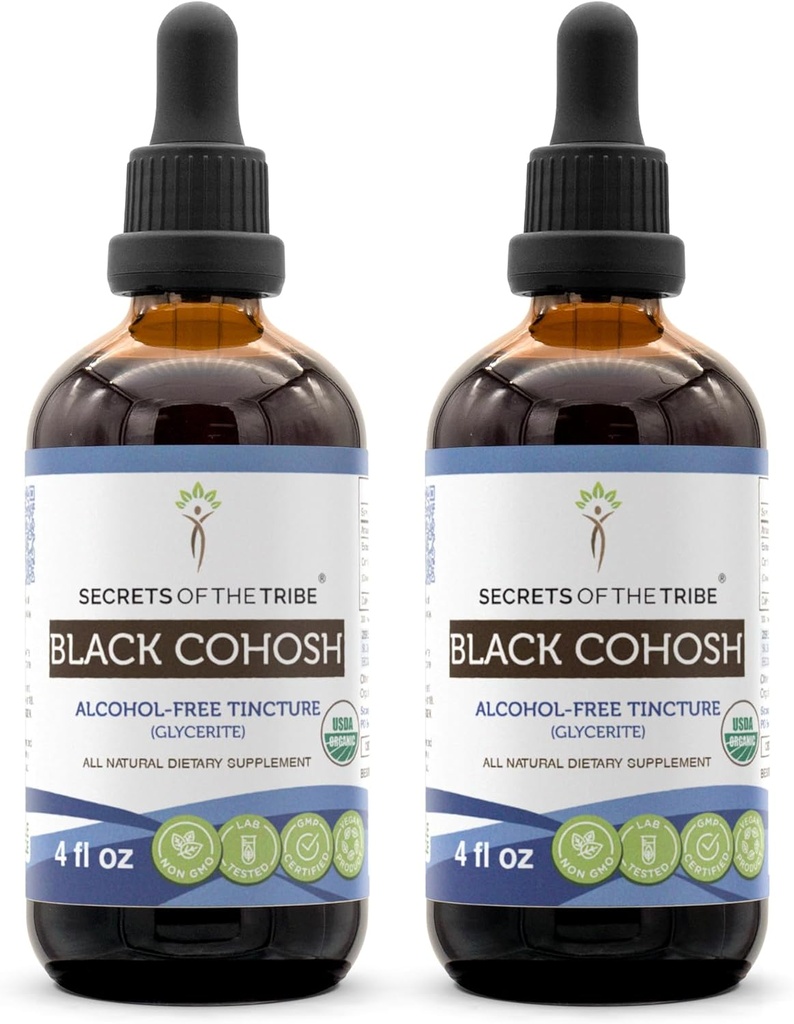 Secrets of the Tribe Black Cohosh USDA Organic | Alcohol-Free Extract, High-Potency Herbal Drops | Made from 100% Certified Organic Black Cohosh (Cimicifuga Racemosa) Dried Root 2x4 oz