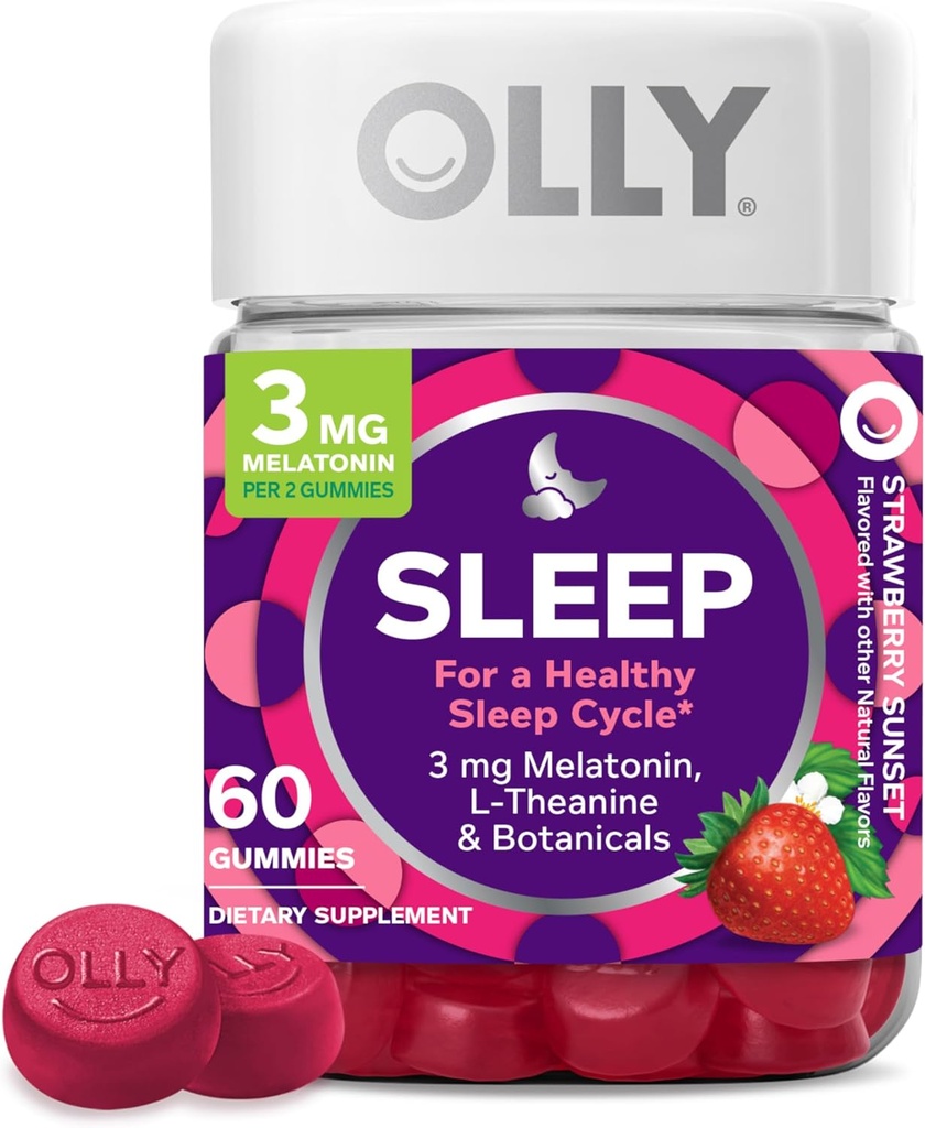 OLLY Sleep Gummy, 3 mg Melatonin, L-Theanine, Chamomile, Lemon Balm, Sleep Aid, Strawberry, 60 Count
