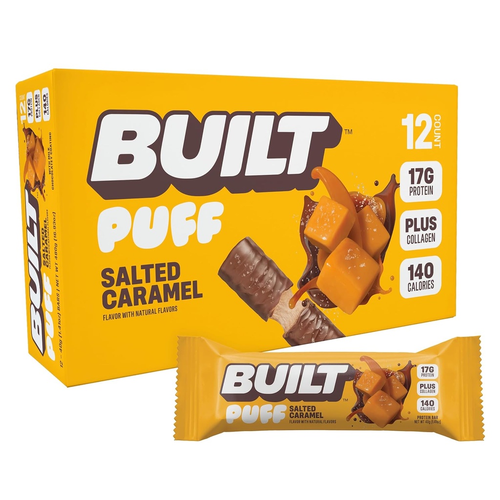 Built Bar, Puff Protein Bars, Salted Caramel Puff, 17g Protein Snacks, On-The-Go Bars, Only 140 Calories, 6g Sugar, Collagen, Gluten Free, 12 Count