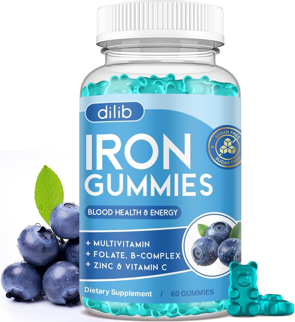 Iron Gummies with Multivitamin, Iron Supplement for Women & Men with Zinc, Vitamin B Complex & C, B12, Folate - Blood Builder & Energy Support for Adults & Kids - Blueberry Flavor, Vegan 60 Gummies