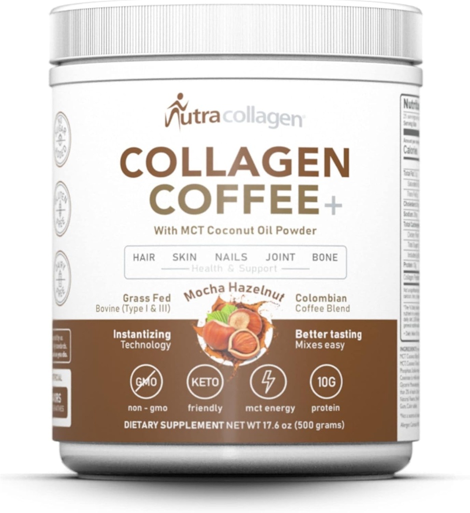 NUTRACOLLAGEN Peptide Powder with Premium Columbian Coffee; Grass-Fed; Keto Friendly, MCT Coconut Oil Powder, Soy Free, Gluten Free, Sugar Free, 40mg Caffeine/SVG; Mocha Hazelnut 25 Servings