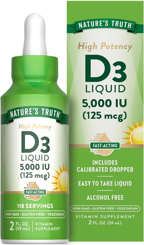 Nature's Truth Vitamin D3 Liquid | 5000 IU | 2 fl oz | Non-GMO and Gluten Free Supplement