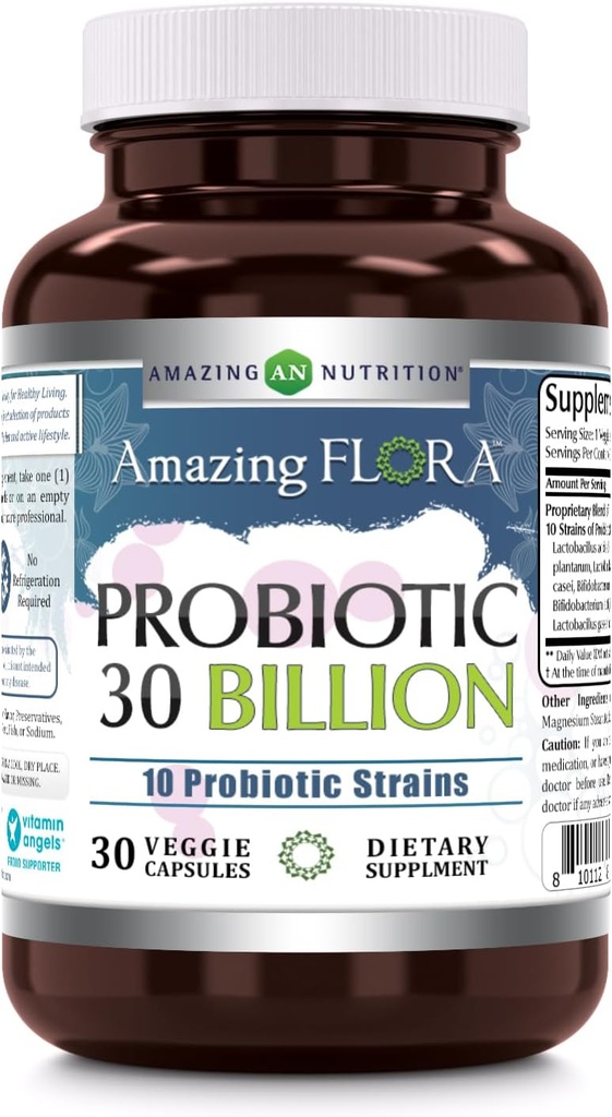 Amazing Flora Probiotic 10 Best Probiotics Strains | 30 Billion | Veggie Capsules Supplement | Non-GMO | Gluten Free | Made in USA (1 Pack, 30 Count)