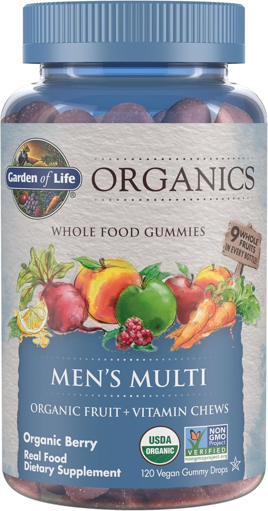 Garden of Life Organics Men's Gummy Vitamins - Berry - Certified Organic, Non-GMO, Vegan, Kosher Complete Multi - Methyl B12, C & D3 - Gluten, Soy & Dairy Free, 120 Real Fruit Chew Gummies