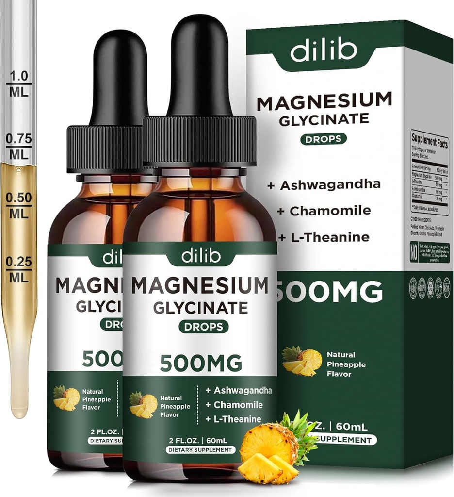 (2 Pack) Magnesium Glycinate Supplement, Magnesium Liquid Drops with Magnesium Glycinate 500mg Ashwagandha, L - Theanine, Chamomile -Supports Optimal Calm Sleep Vegan