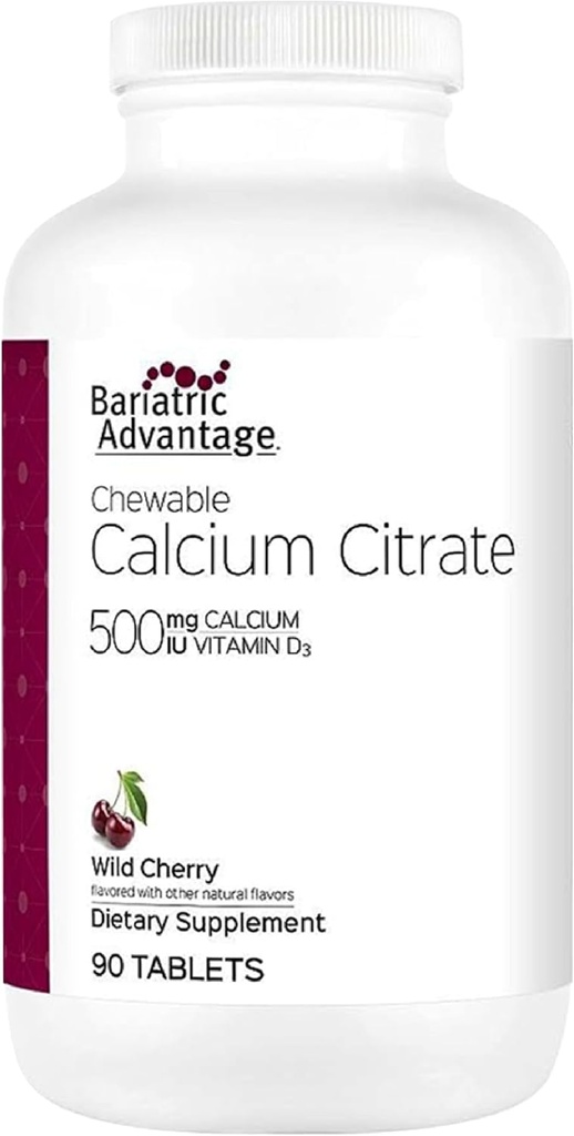 Bariatric Advantage Calcium Citrate Chewable 500mg with Vitamin D3 for Bariatric Surgery Patients Including Gastric Bypass and Sleeve Gastrectomy, Low Sugar - Wild Cherry Flavor, 90 Count