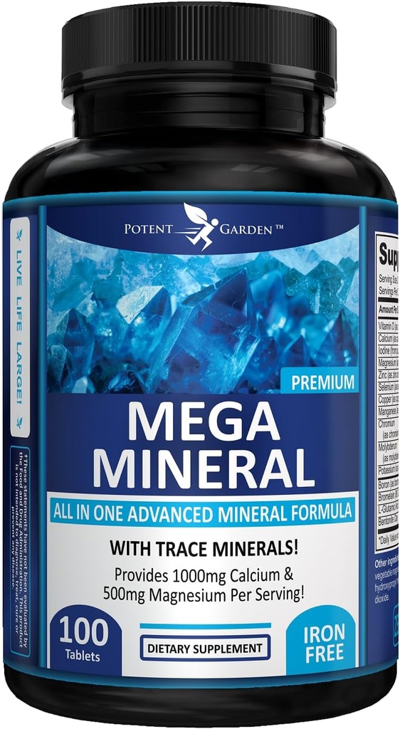 Potent Garden Mega Mineral Supplement Complete Mineral Complex with Calcium Magnesium Zinc Potassium Boron Selenium Chromium & 72 Trace Minerals Iron Free Calcium Supplement -100 Pills