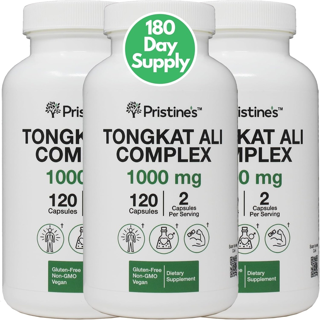 PRISTINE'S Tongkat Ali 1000MG Extract Capsule Supplement (3-Pack) -30 Day Supply - Athletic Performance Support - Mens Health & Lean Muscle Mass - Immunity Support