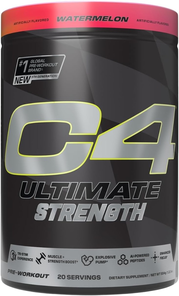 Cellucor C4 Ultimate Strength Pre Workout Powder - Tri-Stim Experience 300mg Caffeine+TeaCrine+Dynamine - Creatine & Beta-Alanine - Energy Supplement for Men & Women - Watermelon, 20 Servings