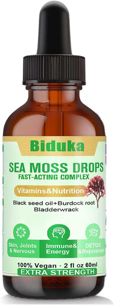 Irish Sea Moss Drops Black Seeds Oil, Bladderwrack, Burdock Root, Vitamin C and Zinc, Multimineral Drops Seamoss Supplement for Immune, Joint, Digestion, Aging Support