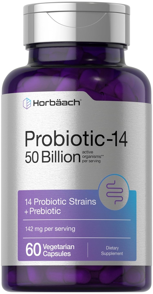 Horbaach Probiotics for Women and Men | 60 Capsules | 14 Probiotic Strains with Prebiotic | 50 Billion Active Organisms | Non-GMO & Gluten Free Supplement