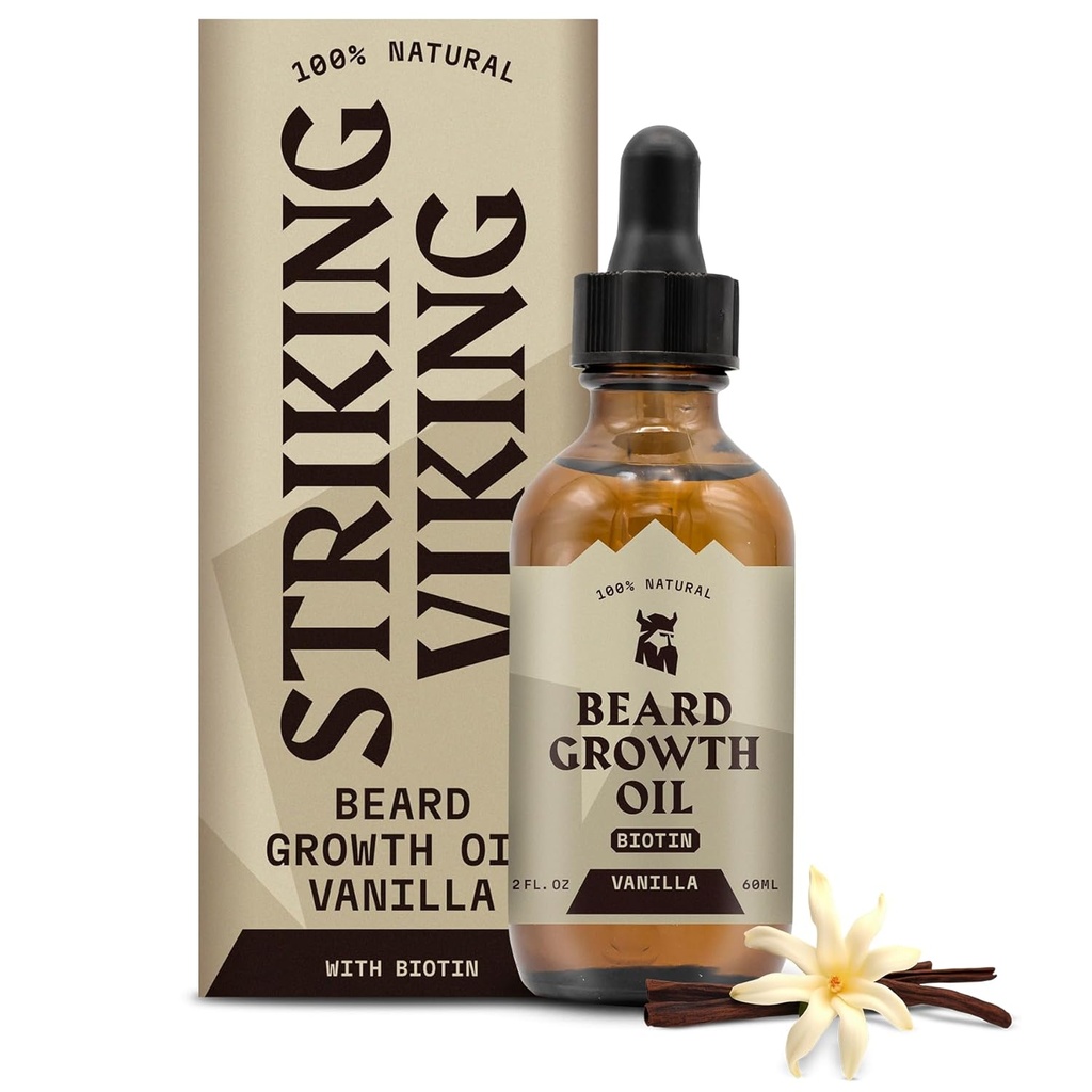 Striking Viking Beard Growth Oil with Biotin - 2 Fl Oz, Vanilla - Thickening, Conditioning Biotin Beard Oil Serum for Men with Argan & Jojoba - Facial Hair Growth Serum for Men