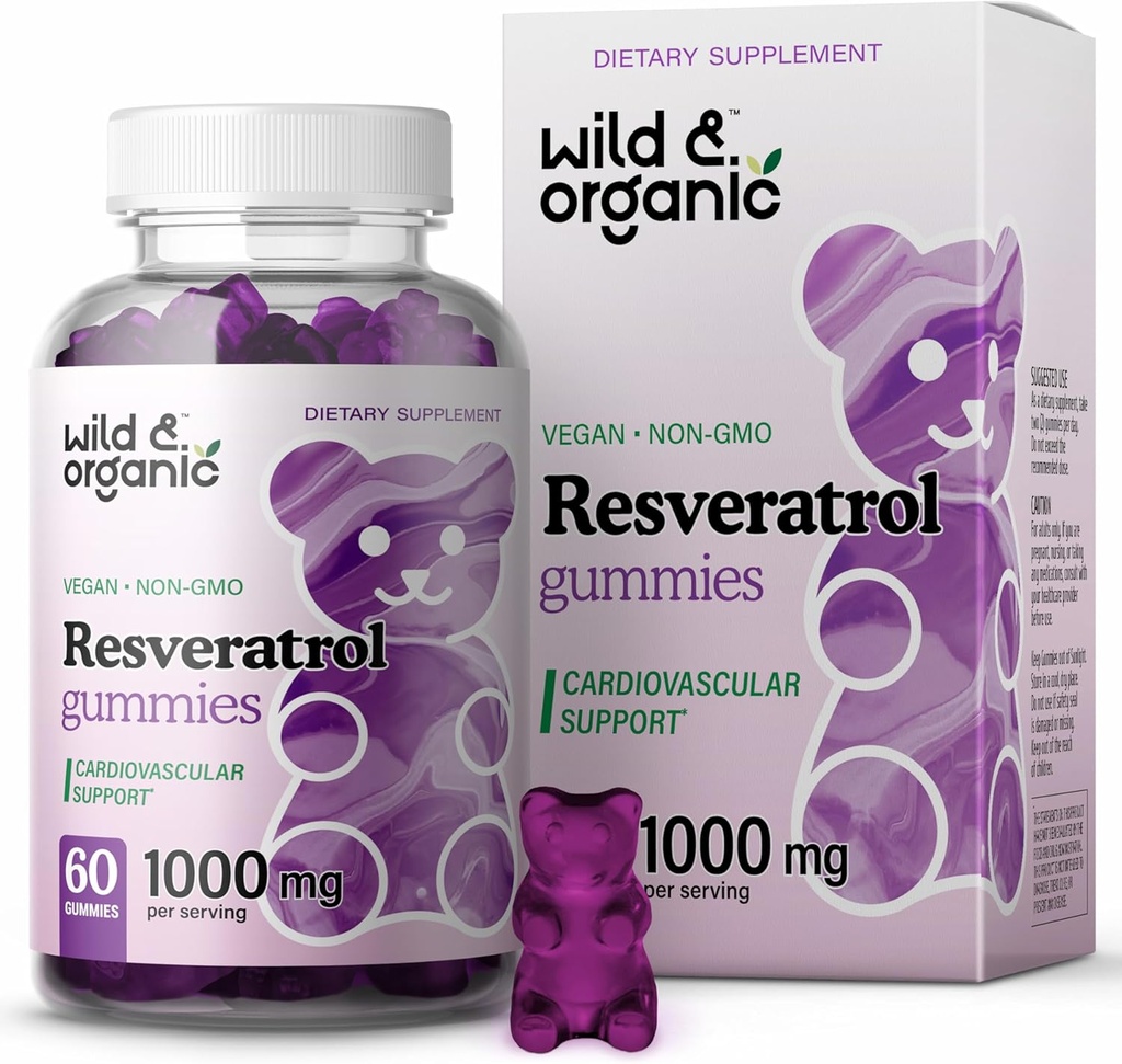 Wild & Organic Resveratrol Gummies 1000mg - Trans Resveratrol Supplement for Antioxidant, Brain, Immune Support - 60 Vegan, Non-GMO Antioxidant Gummies