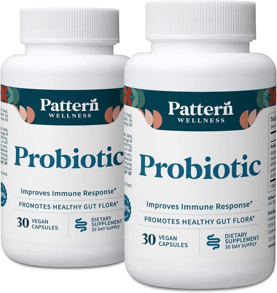 Pattern Wellness Probiotic Supplement - 51 Billion CFU - Supports Digestive Balance & Gut Wellness - Mindfully Sourced, Non-GMO - 60 Vegan Capsules