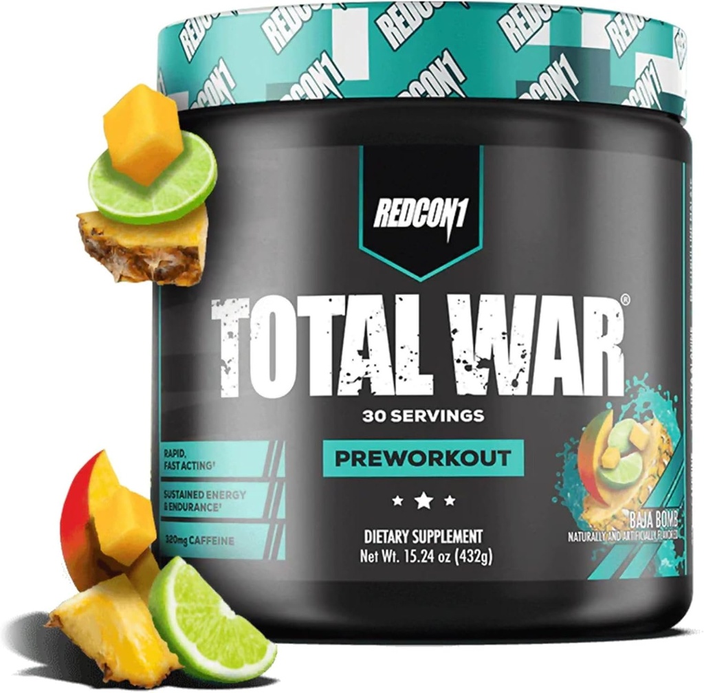 REDCON1 Total War Pre Workout, Baja Bomb - Beta Alanine + Citrulline Malate Keto Friendly Preworkout for Men & Women with 320mg of Caffeine - Fast Acting (30 Servings)