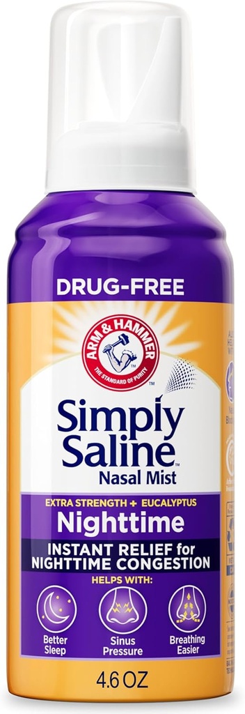 ARM & HAMMER Simply Saline Nighttime Drug-Free Mist for Nasal Congestion at Night, Extra Strength, Calming Eucalyptus, Safe to Use with Rx and OTC, For Adults and Kids Ages 2+, 4.6 oz (129 g)