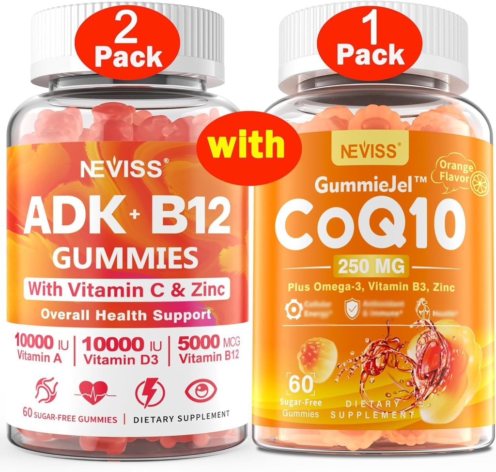 NEVISS 2Pack Vitamin ADK with B12 Gummies + 1Pack CoQ10-250mg Filled Gummies